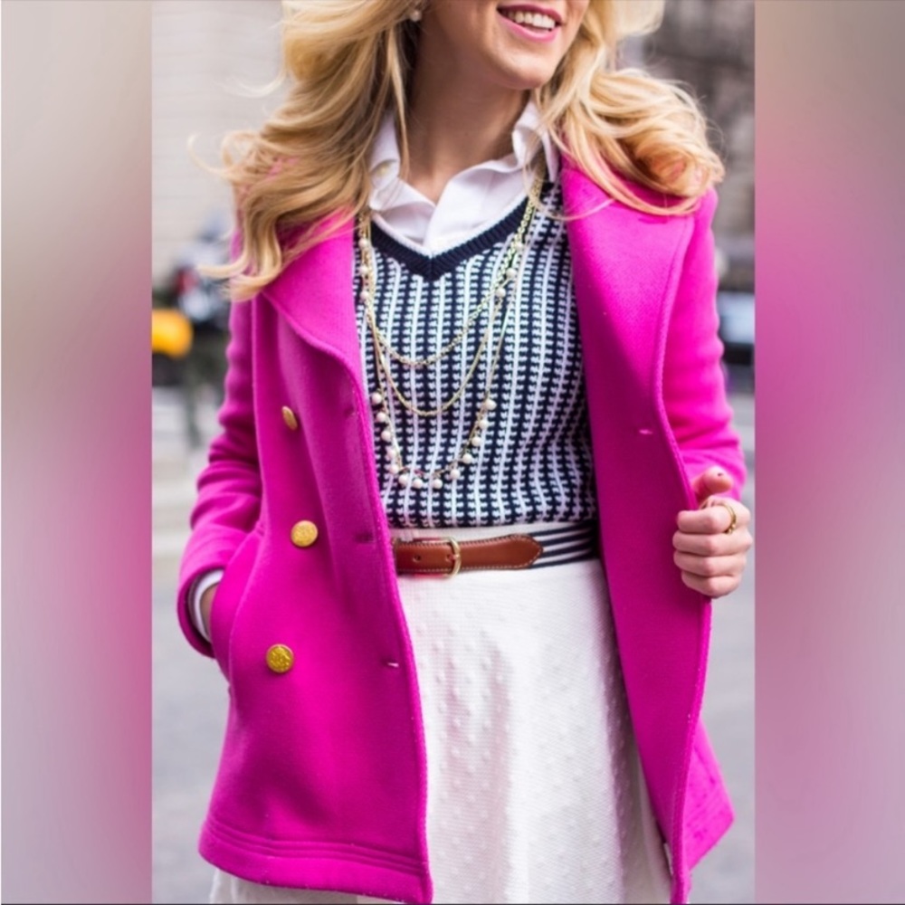 J.Crew Majesty Stadium Short Double Breasted Hot Pink Fuchsia Pea Coat size 2